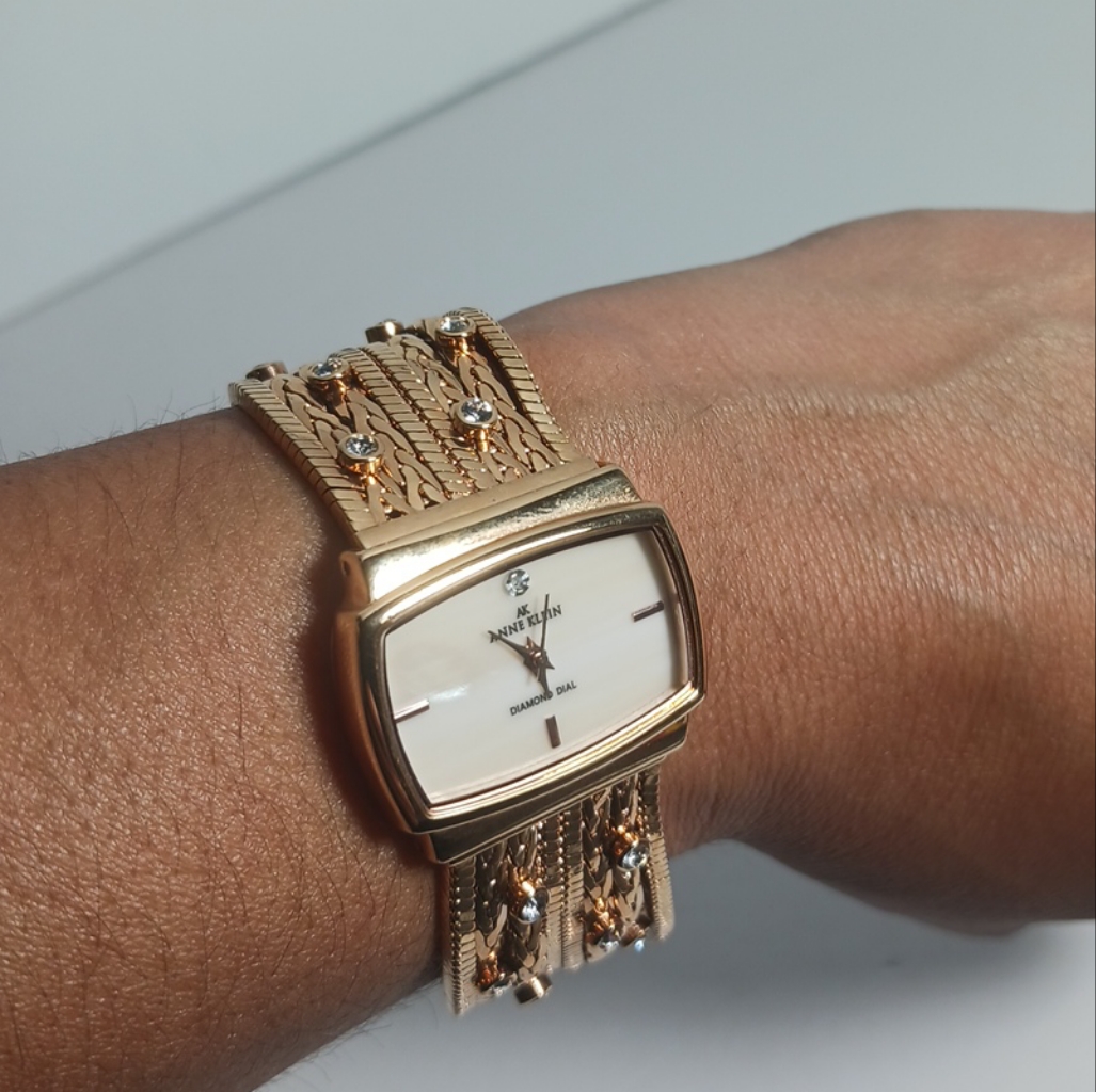Anne Klein Womens Mother Of Pearl Diamond Accented Dial Gold Tone Chain Watch